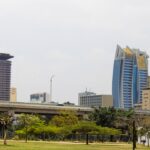 a city skyline with tall buildings in the background