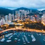 aerial view of city buildings during night time