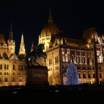 A large building with a christmas tree in front of it