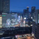 A view of a city at night from the top of a building