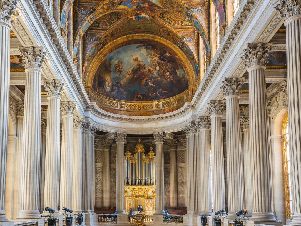 versailles, chapel, castle chapel, palace of versailles, sightseeing, architecture, ceiling painting, columns, church, historical, paris, france